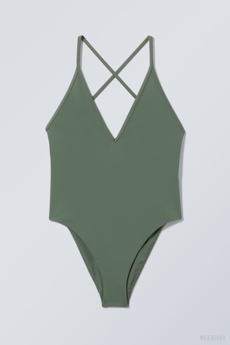 Weekday Deep V-neck Swimsuit Green | CDSN5240