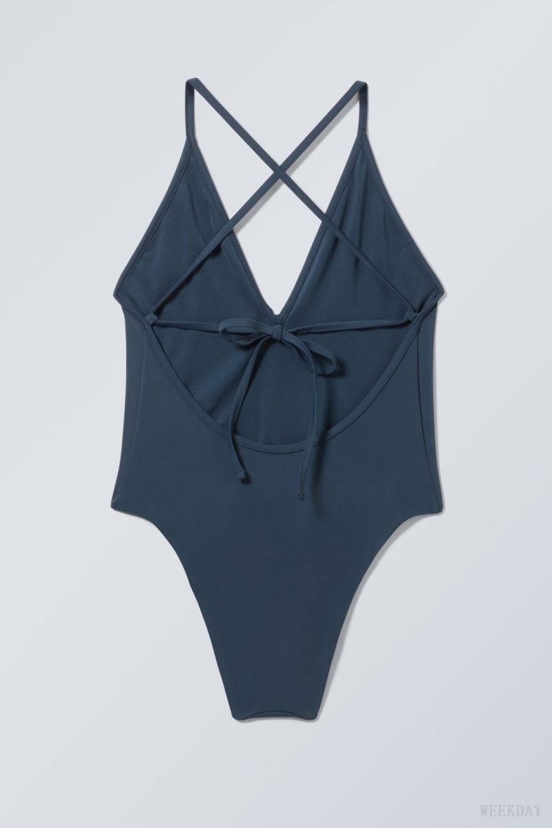 Weekday Deep V-neck Swimsuit Navy | BDKT9752