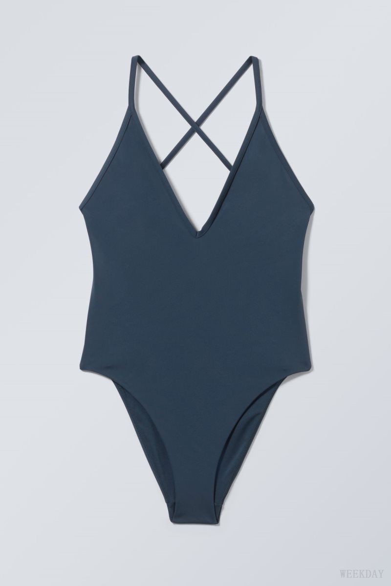 Weekday Deep V-neck Swimsuit Navy | BDKT9752