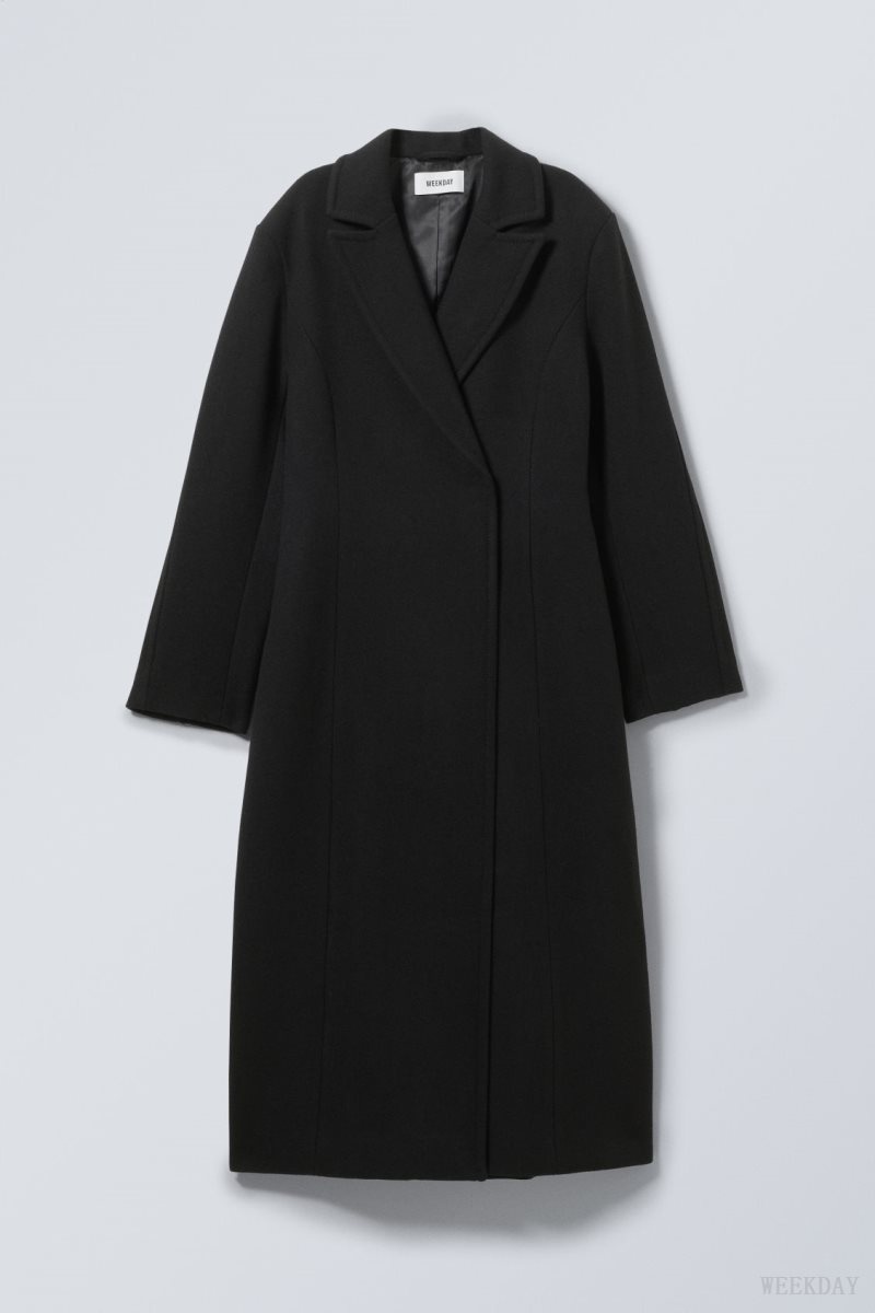 Weekday Delia Waisted Wool Blend Coat Black | UQRZ0977