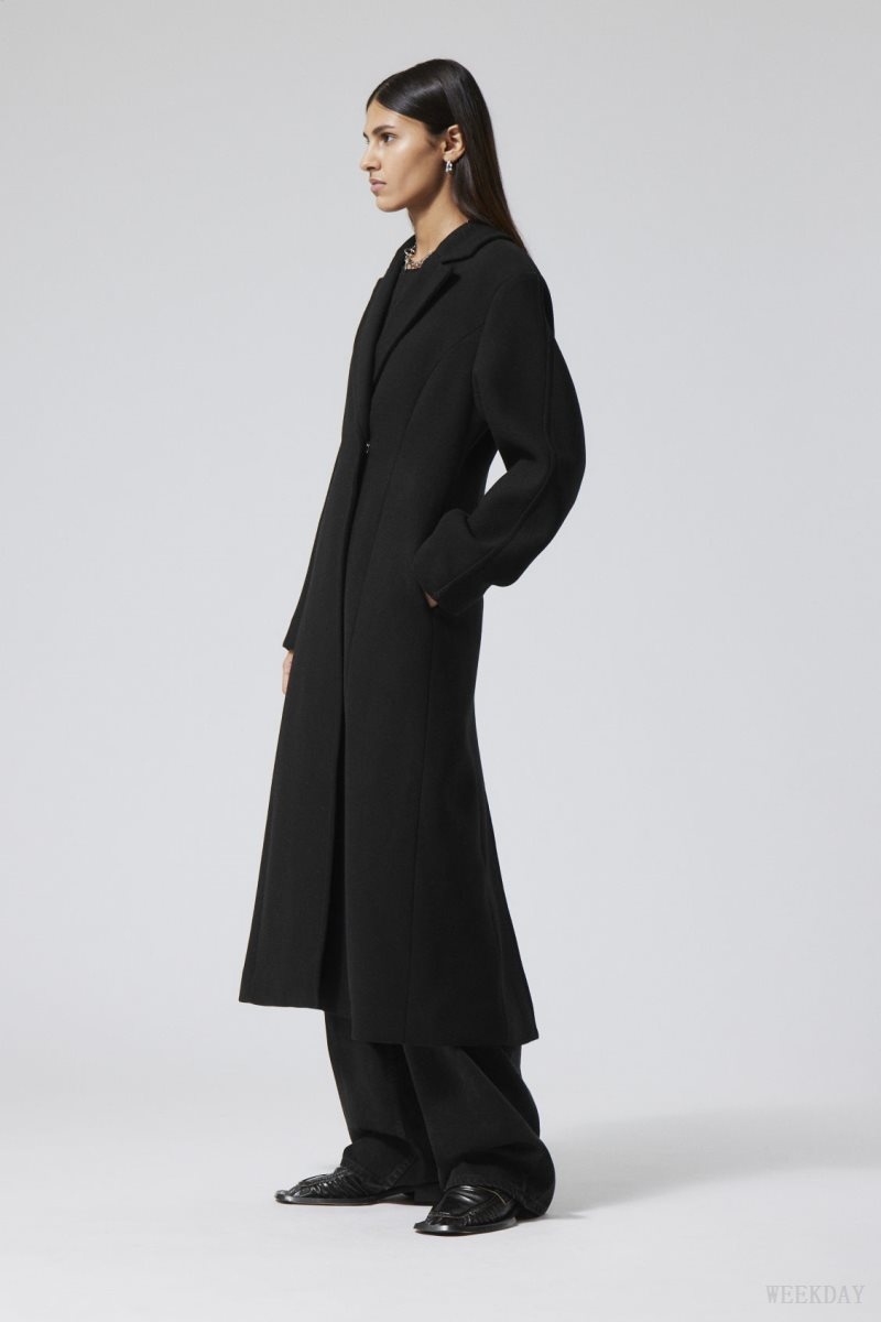 Weekday Delia Waisted Wool Blend Coat Black | UQRZ0977