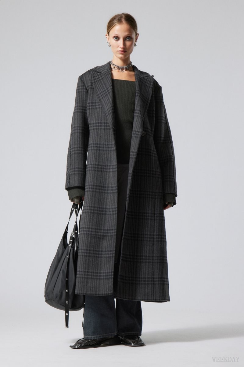 Weekday Delia Waisted Wool Blend Coat Dark Grey | VPEV5701