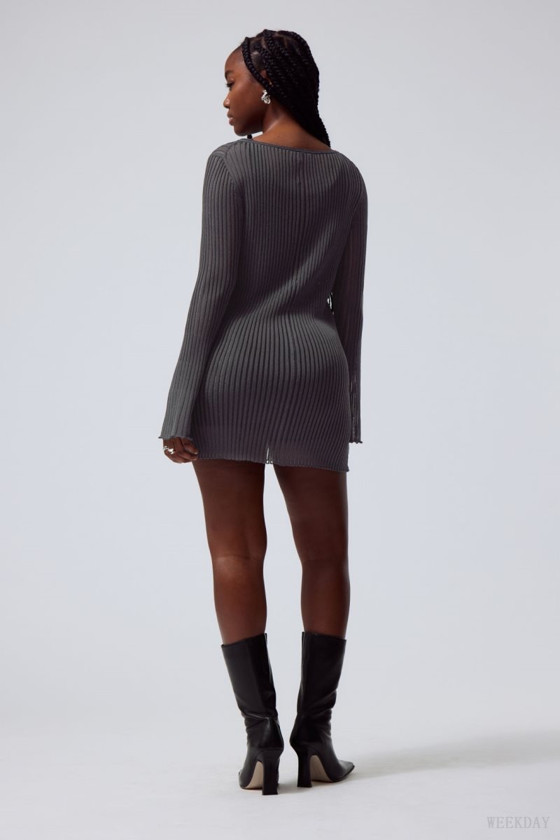 Weekday Eleana Sheer Rib Knit Mini Dress Dark Grey | PLDO2735