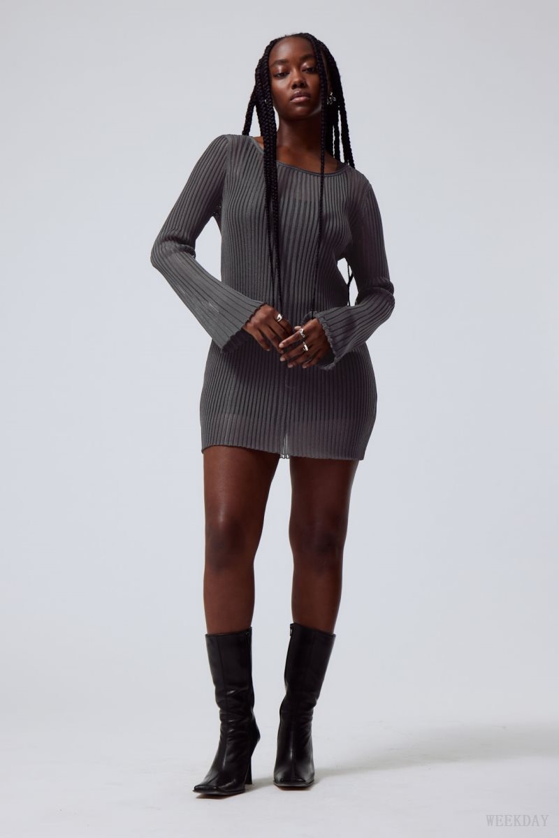 Weekday Eleana Sheer Rib Knit Mini Dress Dark Grey | PLDO2735