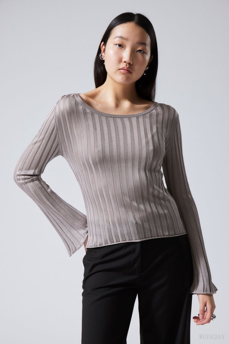 Weekday Enora Sheer Knit Long Sleeve Top Light Grey | VRUY0359