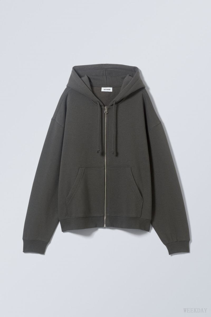 Weekday Essence Standard Zip Hoodie Dark Grey | IZOF5946