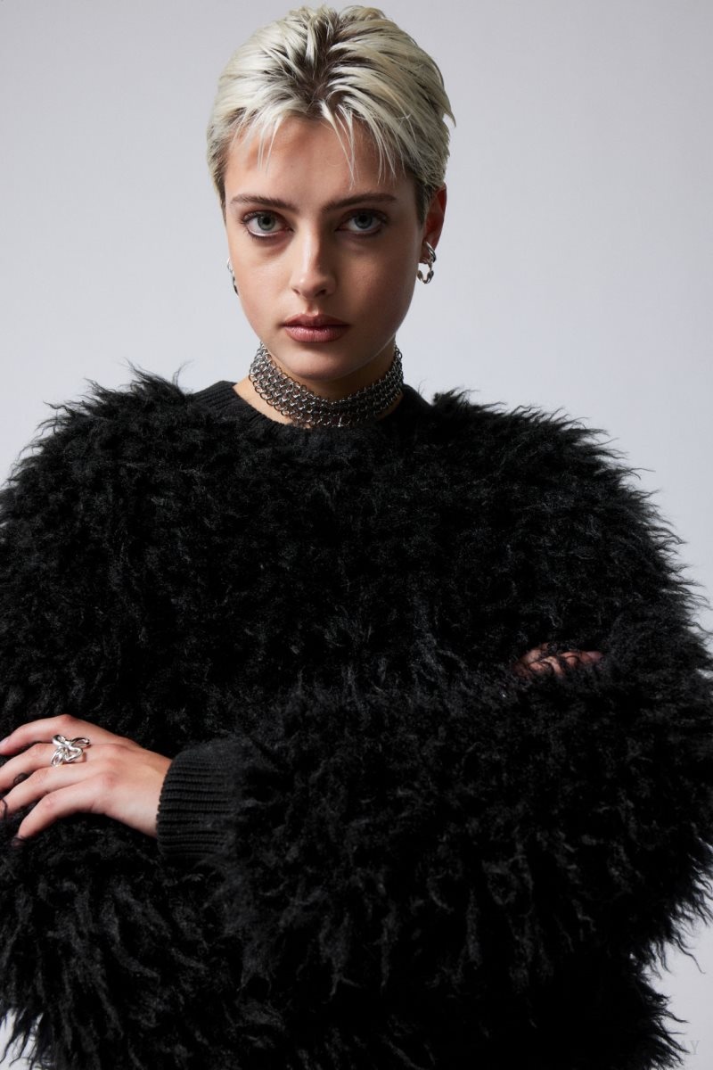 Weekday Fluffy Faux Fur Sweatshirt Black | LWDG8167