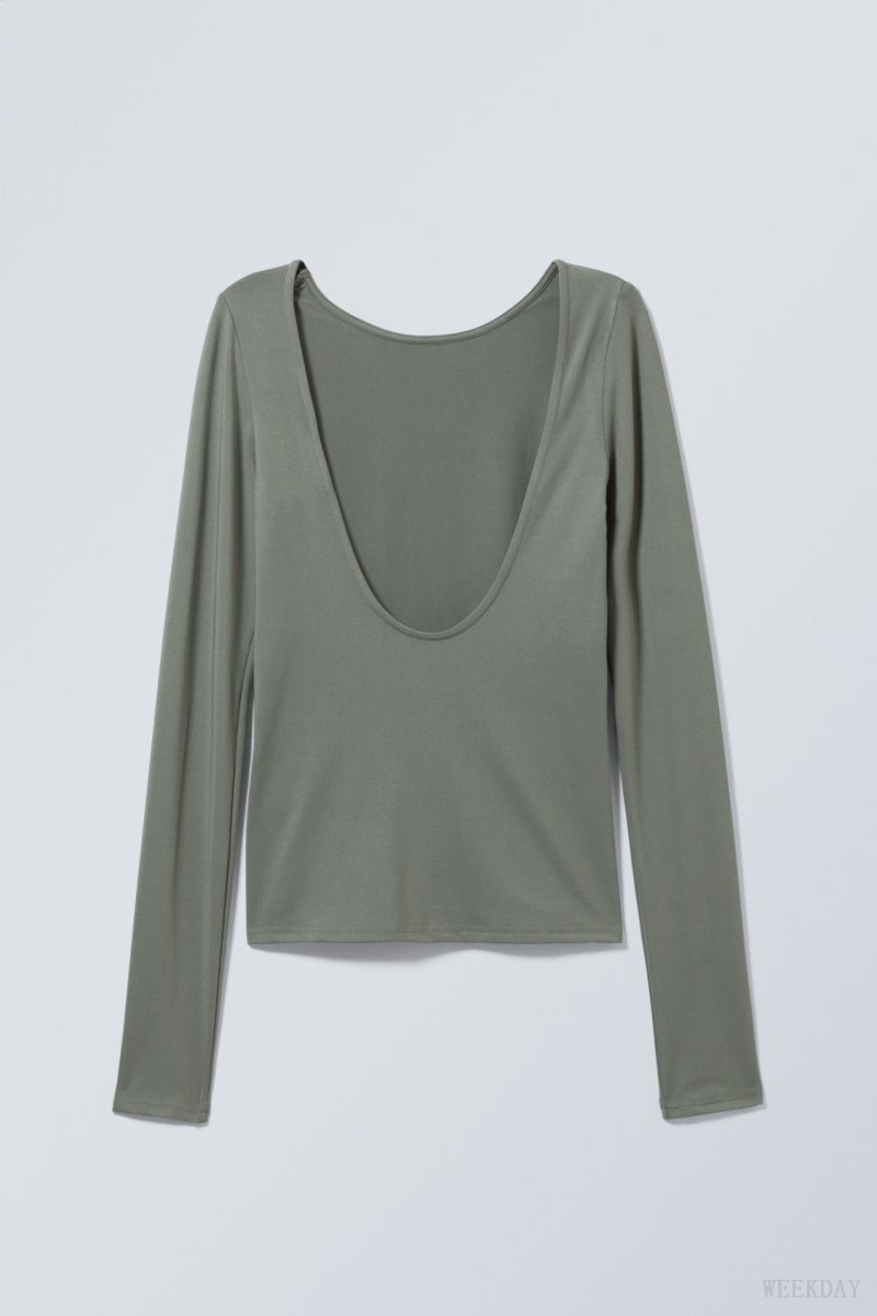 Weekday Gizem Open Back Long Sleeve Top Khaki Green | WDBK2056