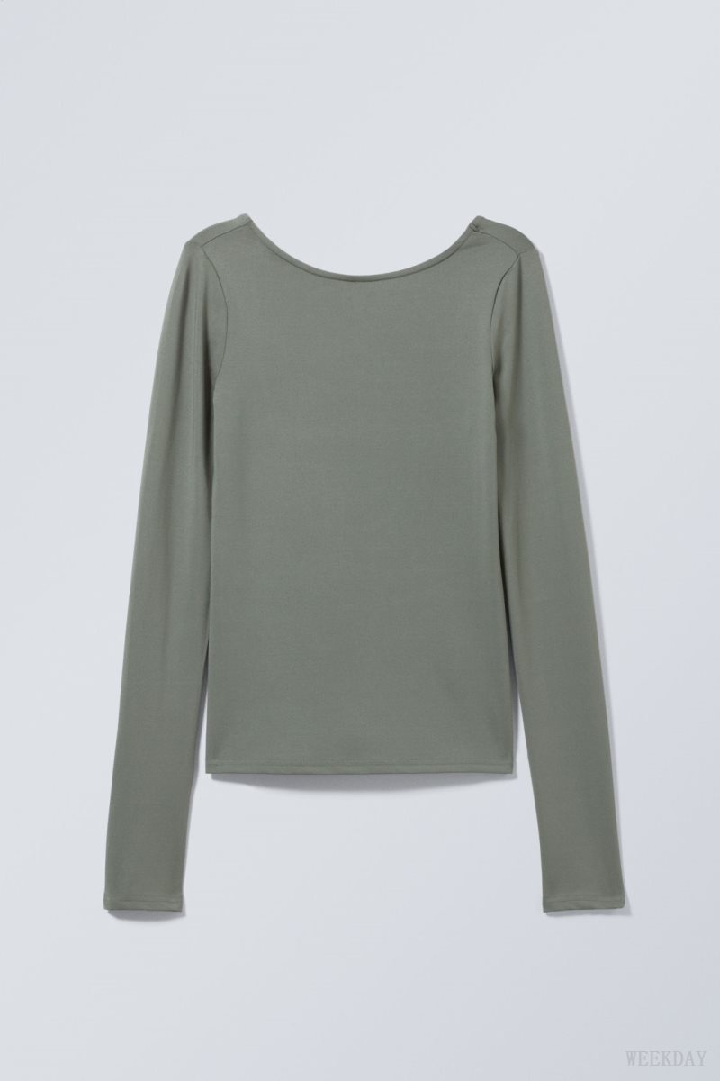 Weekday Gizem Open Back Long Sleeve Top Khaki Green | WDBK2056