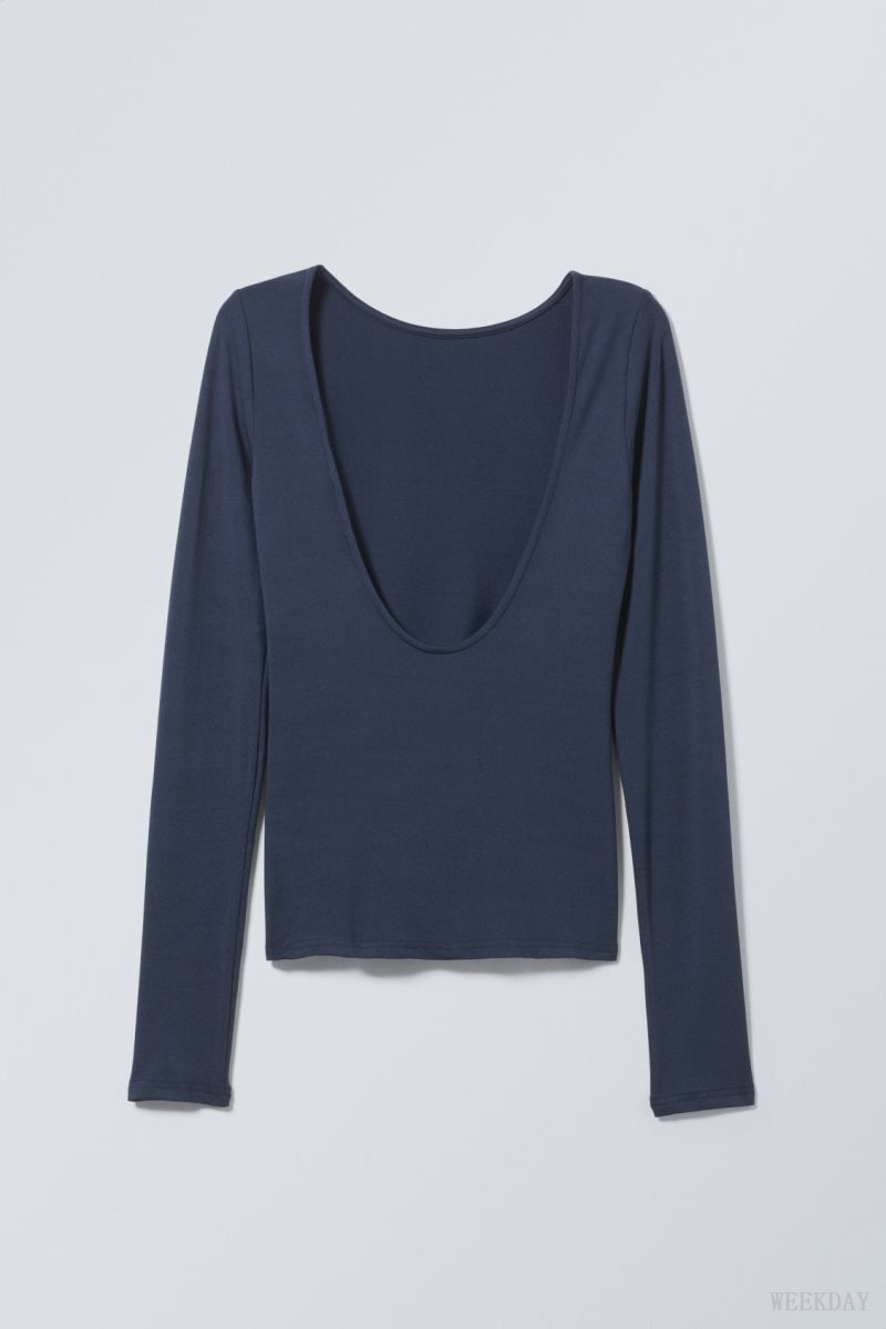 Weekday Gizem Open Back Long Sleeve Top Dark Blue | EJVB6353