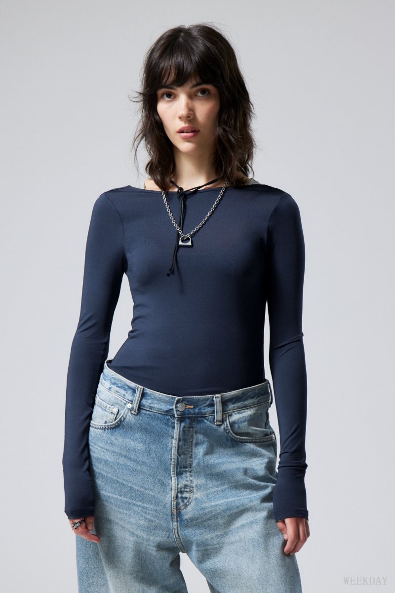 Weekday Gizem Open Back Long Sleeve Top Dark Blue | EJVB6353