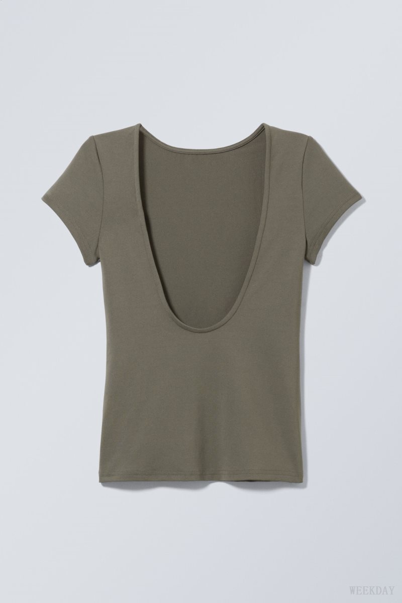 Weekday Gizem Open Back T-shirt Dark Khaki Green | IJAS2015