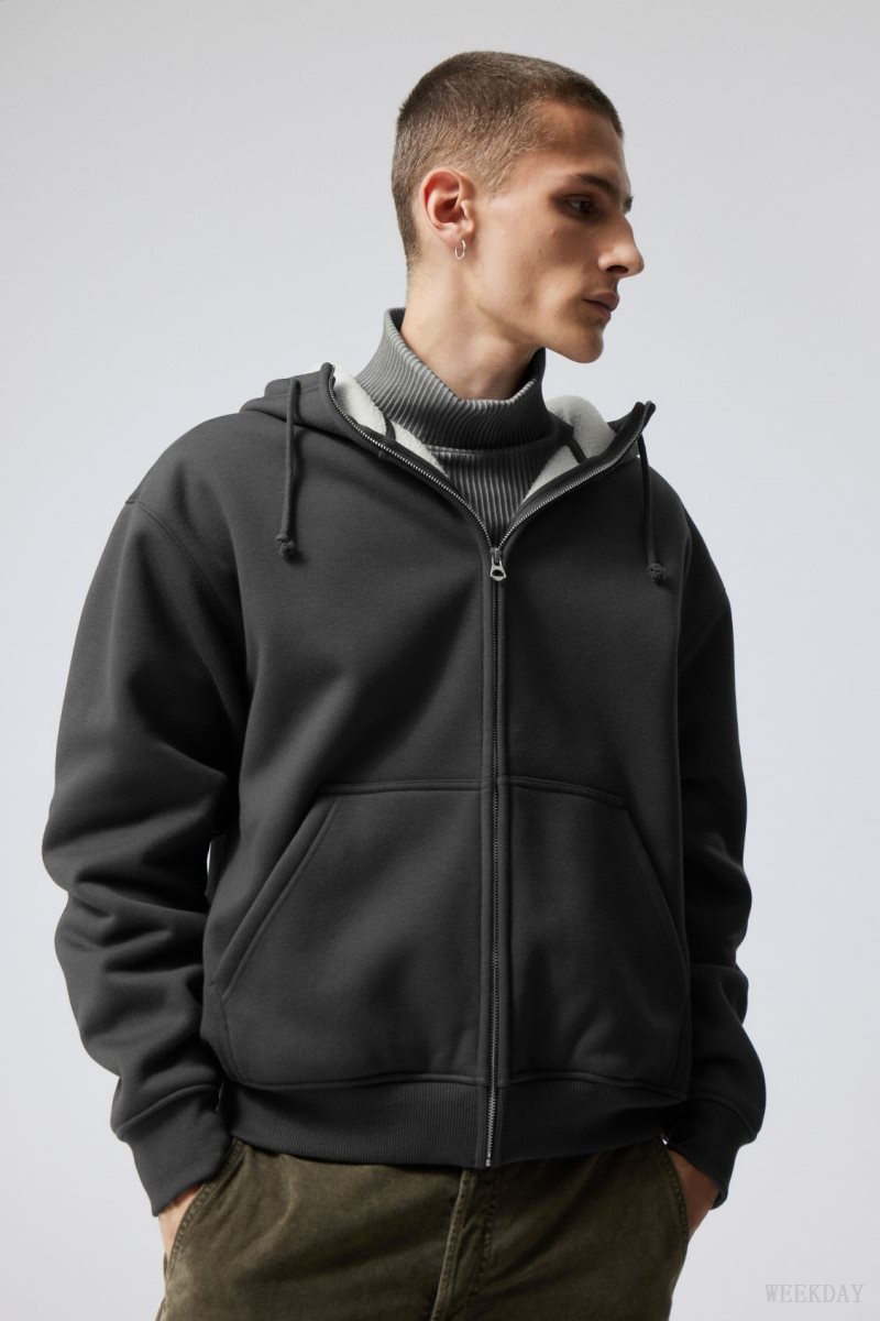 Weekday Hassan Fleece Zip Hoodie Dark Grey | DGIG0603