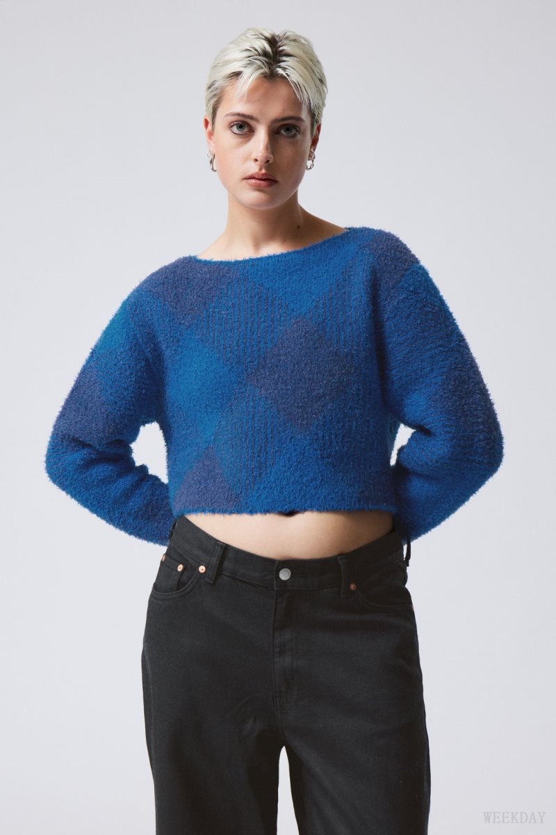 Weekday Hera Check Hairy Sweater Blue | YXTL0165