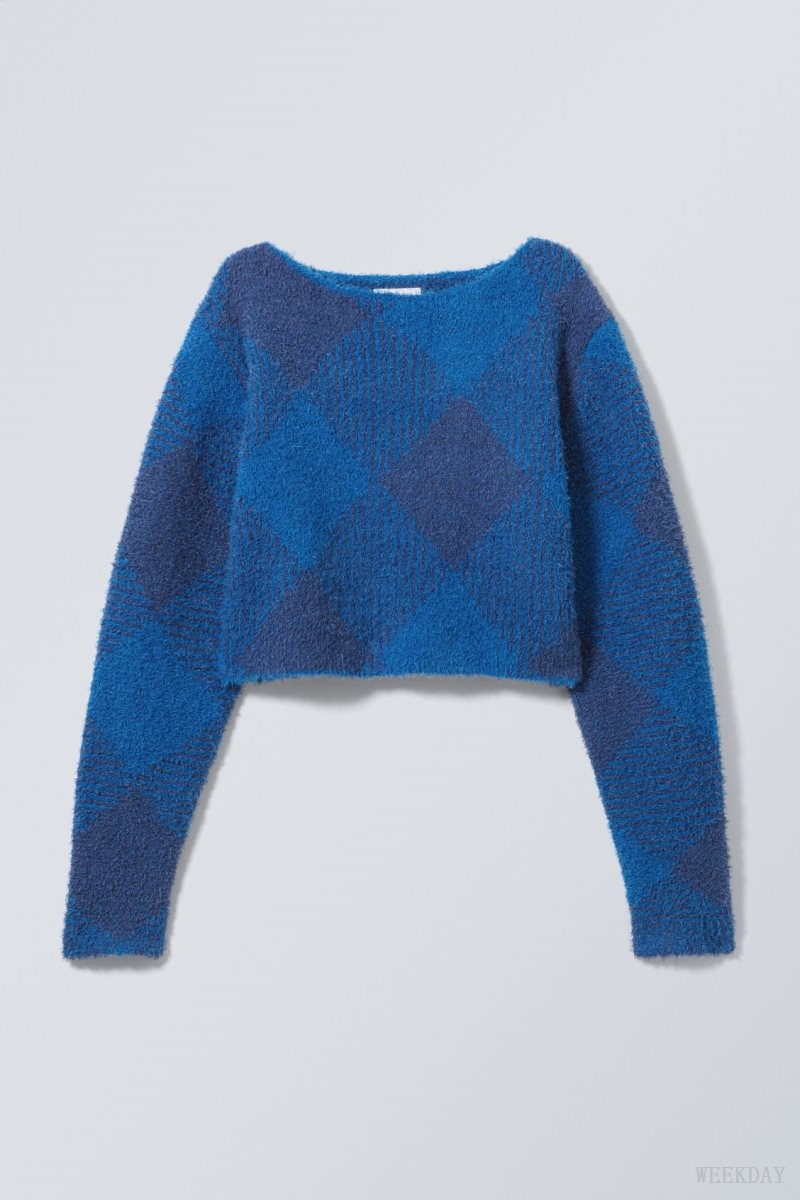 Weekday Hera Check Hairy Sweater Blue | YXTL0165