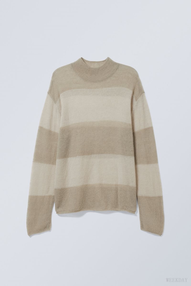 Weekday Holger Regular Wool Mockneck Beige Stripes | WMKJ5323