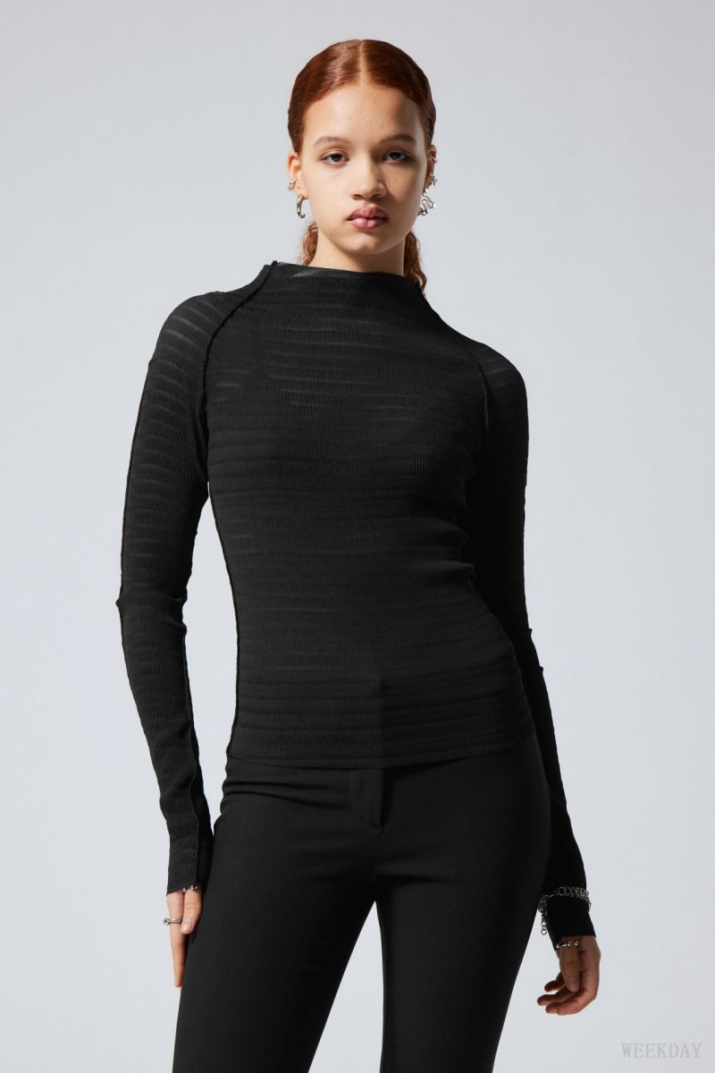 Weekday Laura Long Sleeve Pleated Top Black | PZUT5300