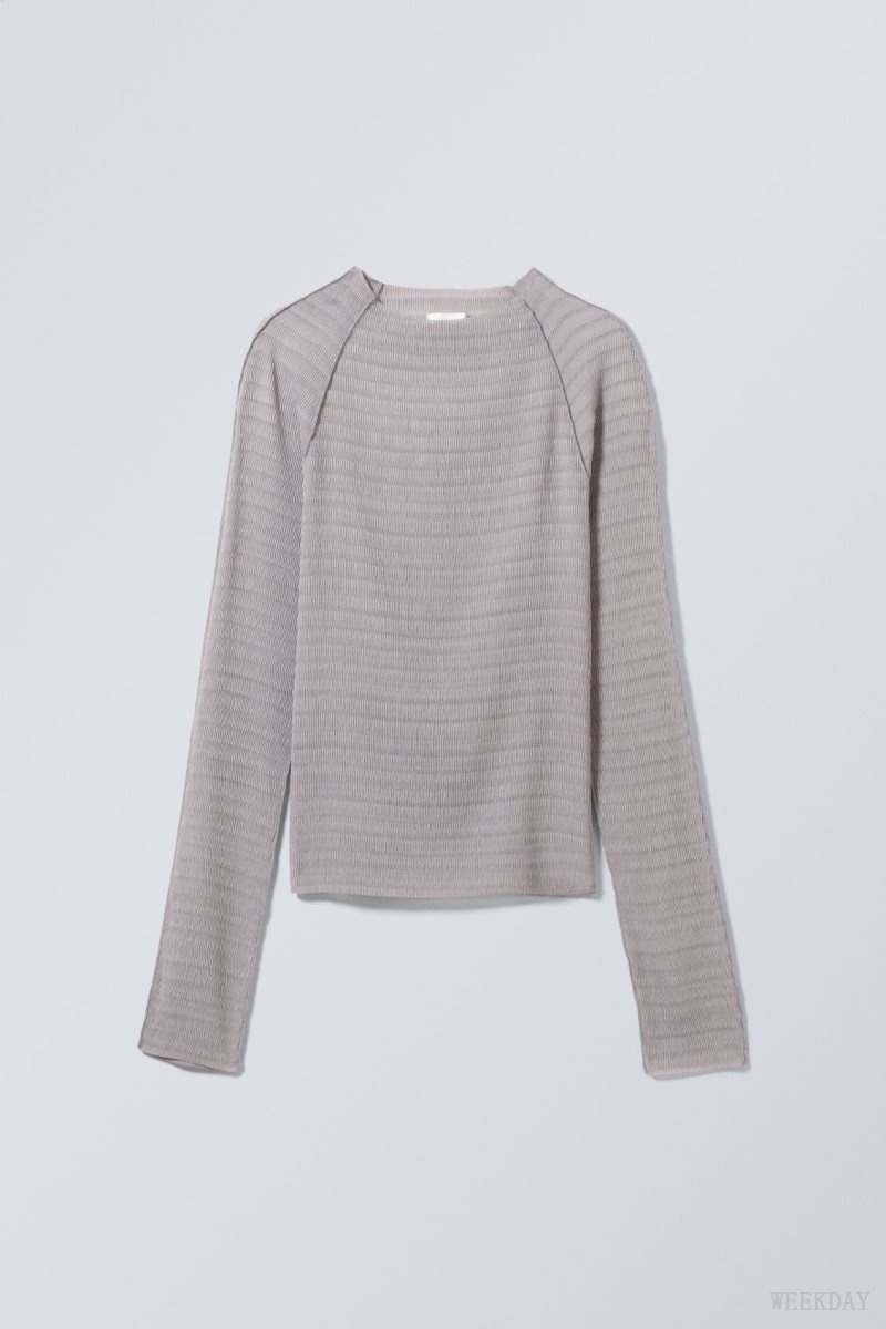 Weekday Laura Long Sleeve Pleated Top Light Grey | QCES3600