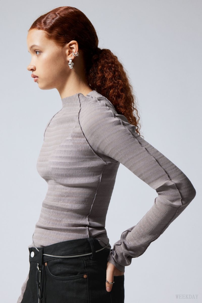 Weekday Laura Long Sleeve Pleated Top Light Grey | QCES3600