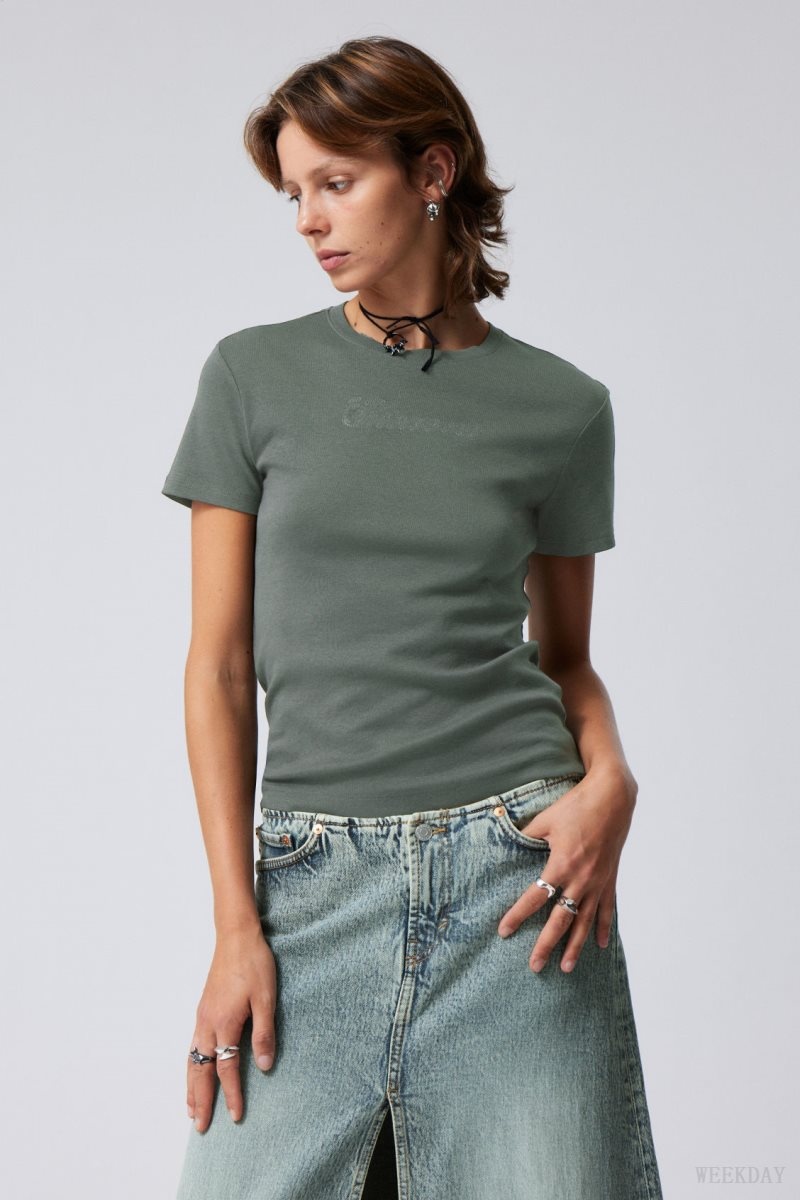 Weekday Lean Fit Embroidered T-shirt Dark Grey | JWIX1032