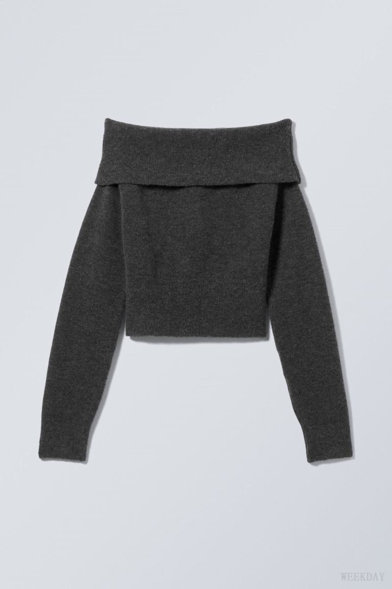 Weekday Lolo Off Shoulder Sweater Dark Grey | QUQA2708