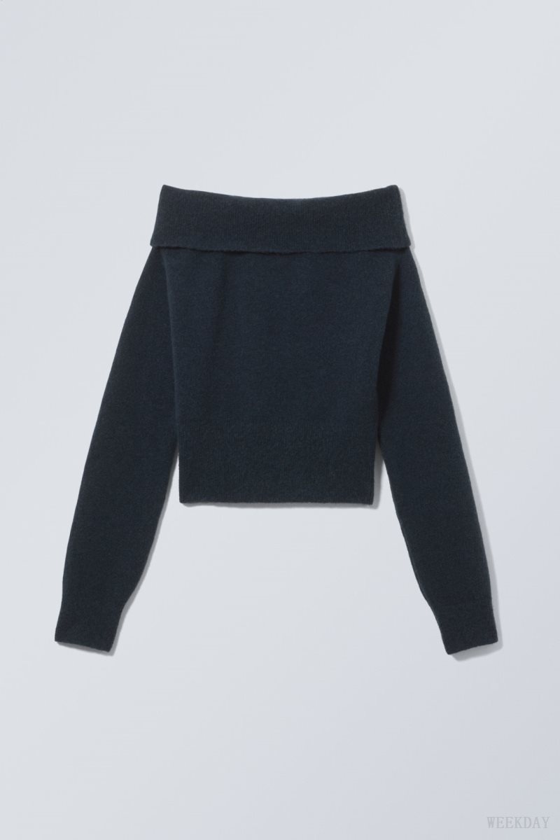 Weekday Lolo Off Shoulder Sweater Navy | CRFZ7202