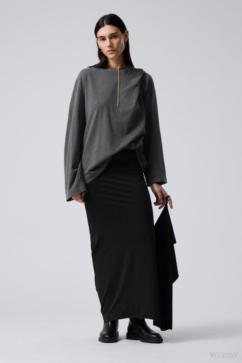 Weekday Long Asymmetric Drape Skirt Black | UHOU6641