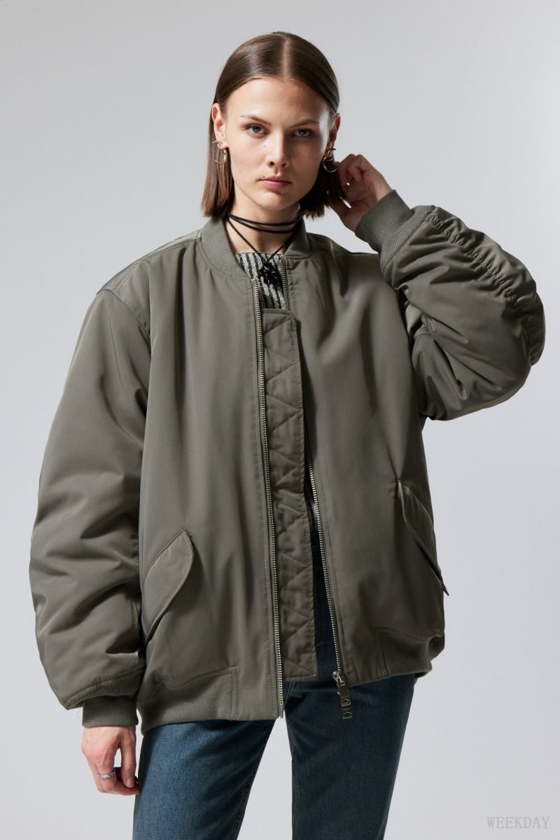 Weekday Lui Oversized Bomber Jacket Khaki Green | SOAH8067