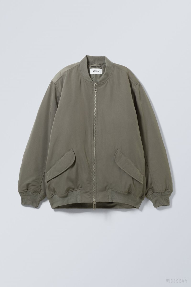 Weekday Lui Oversized Bomber Jacket Khaki Green | SOAH8067