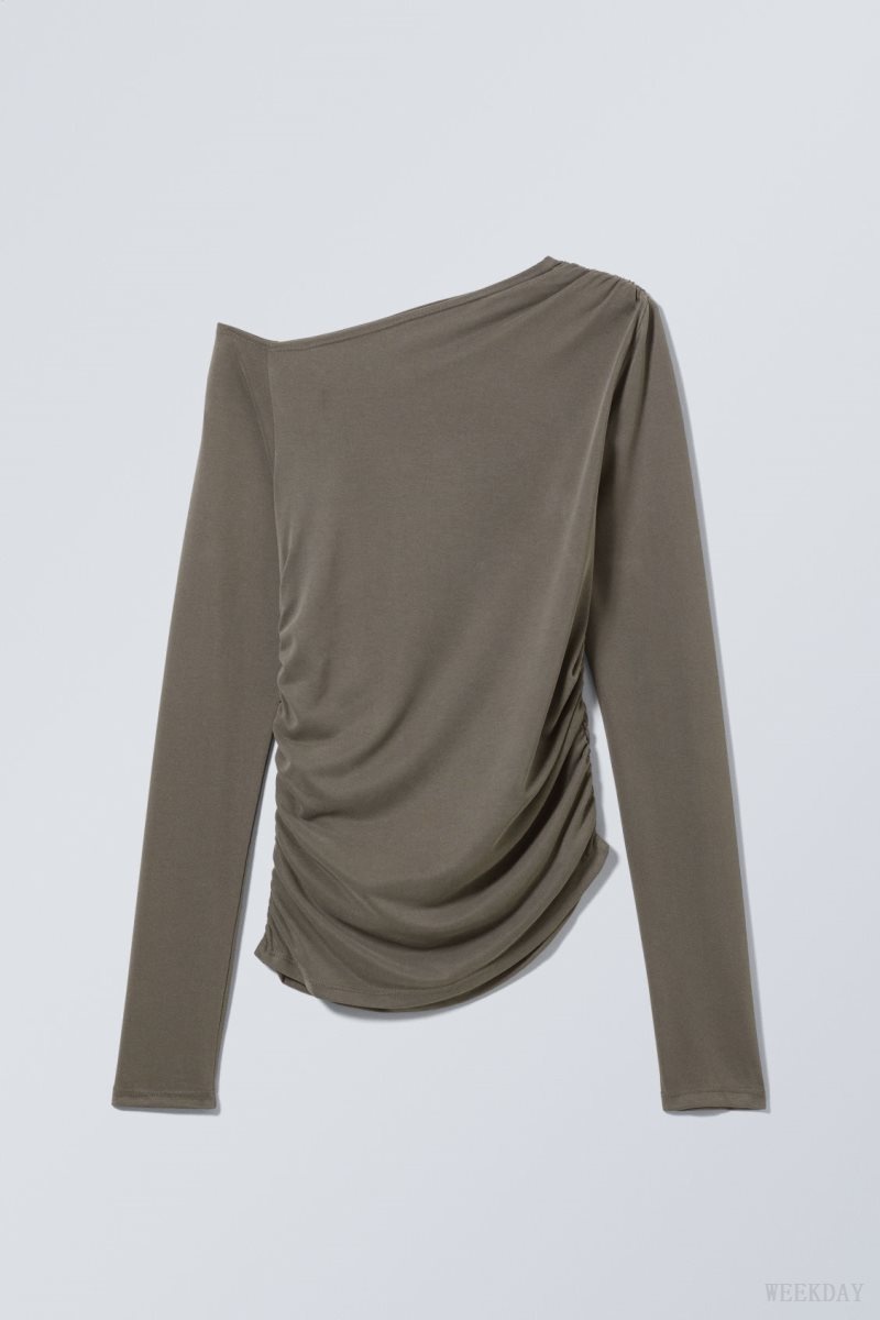 Weekday Main Asymmetric Long Sleeve Dark Khaki | AJTX2840