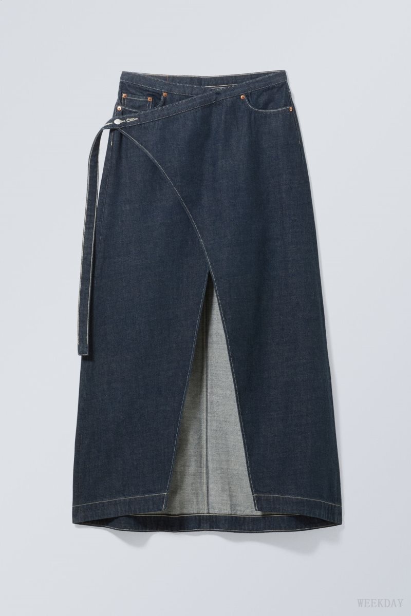 Weekday Main Denim Long Wrap Skirt Blue | MRSA0452