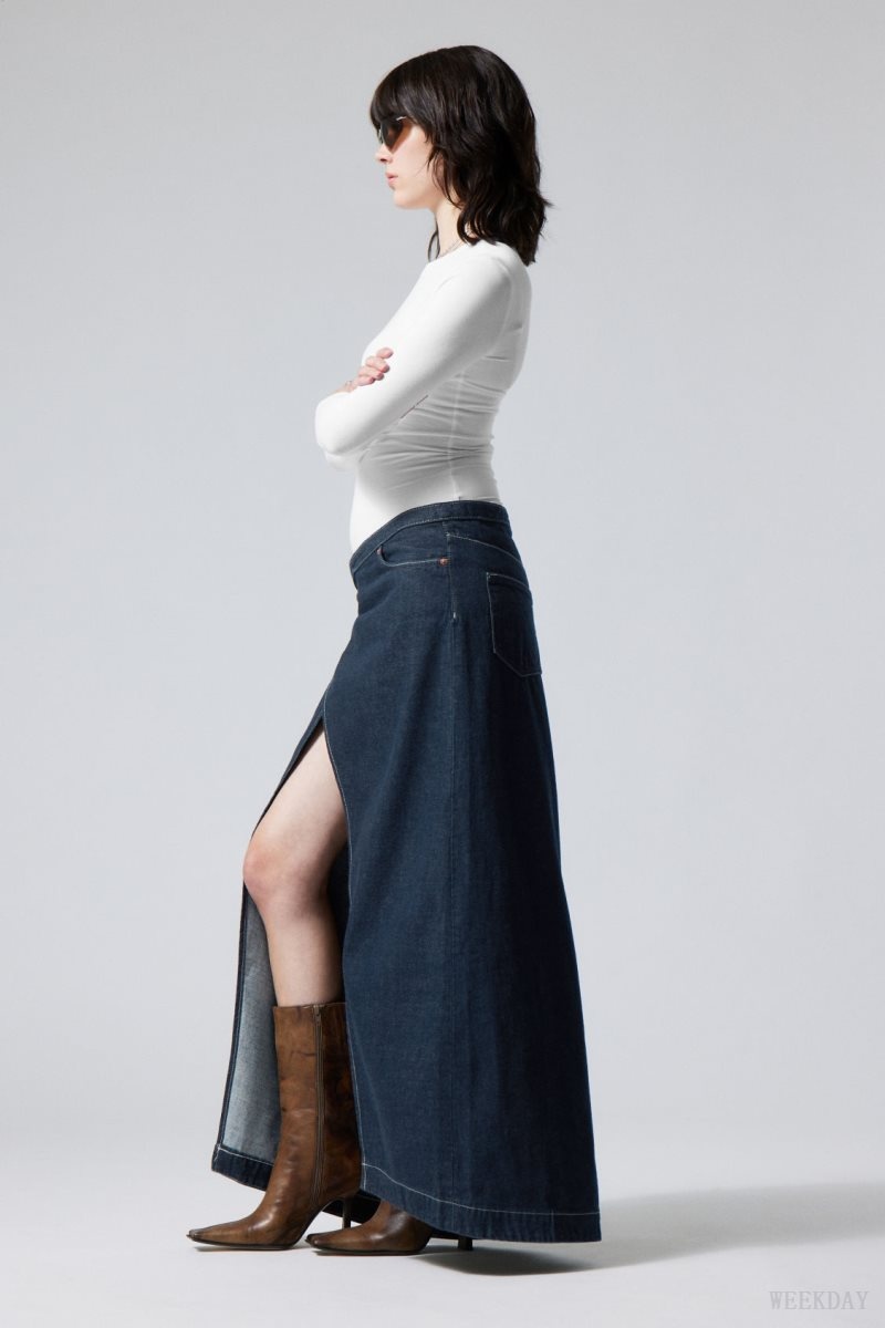 Weekday Main Denim Long Wrap Skirt Blue | MRSA0452