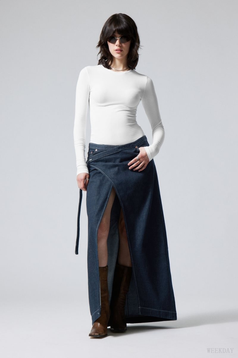 Weekday Main Denim Long Wrap Skirt Blue | MRSA0452