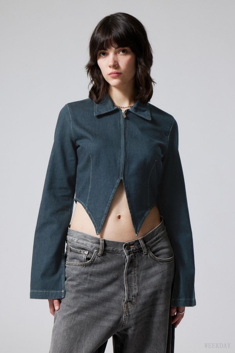 Weekday Main Denim Split Front Zip Shirt Blue | KIEJ4769