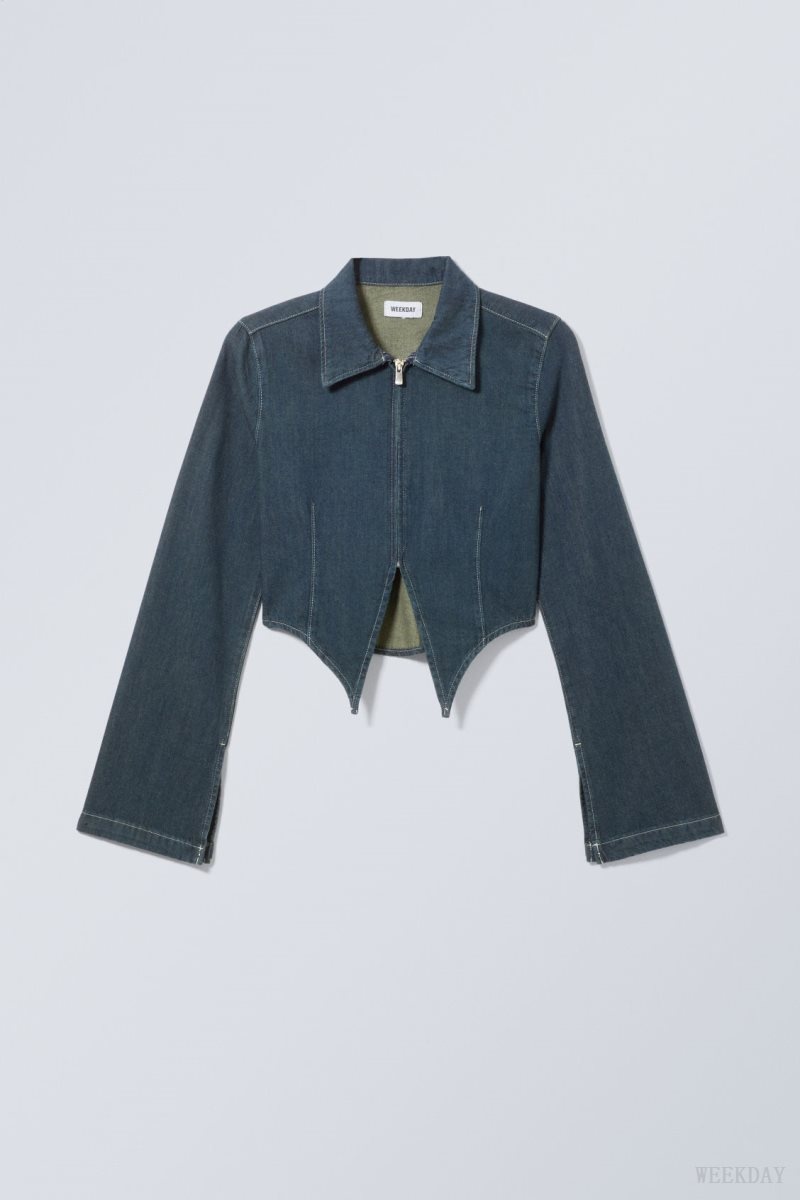 Weekday Main Denim Split Front Zip Shirt Blue | KIEJ4769