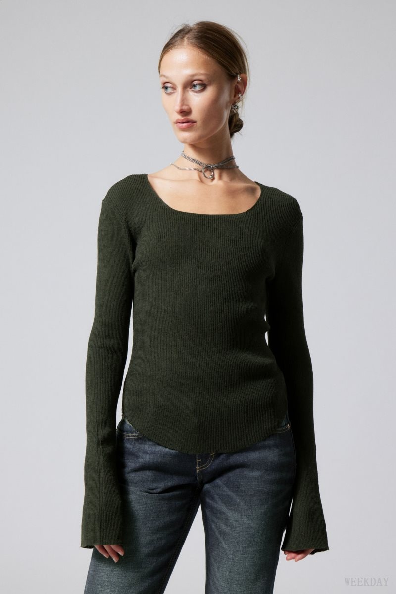 Weekday Nadina Square Neck Sweater Dark Green | BEHX8490