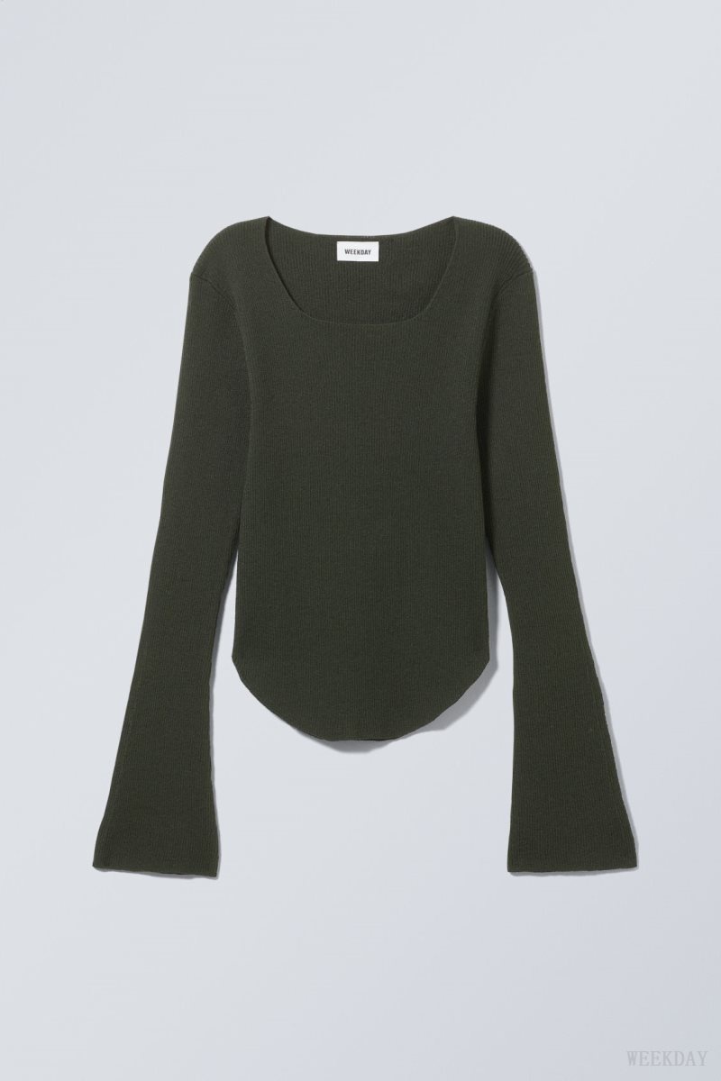 Weekday Nadina Square Neck Sweater Dark Green | BEHX8490