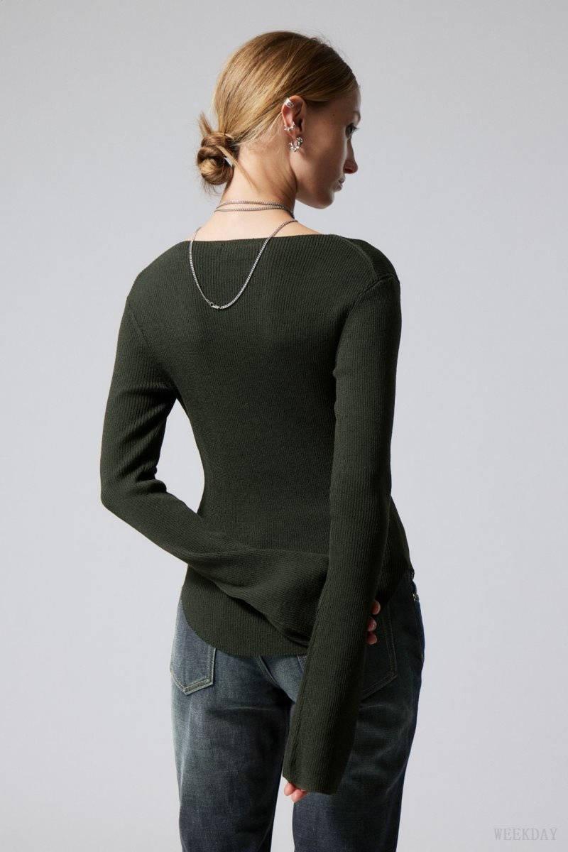 Weekday Nadina Square Neck Sweater Dark Green | BEHX8490