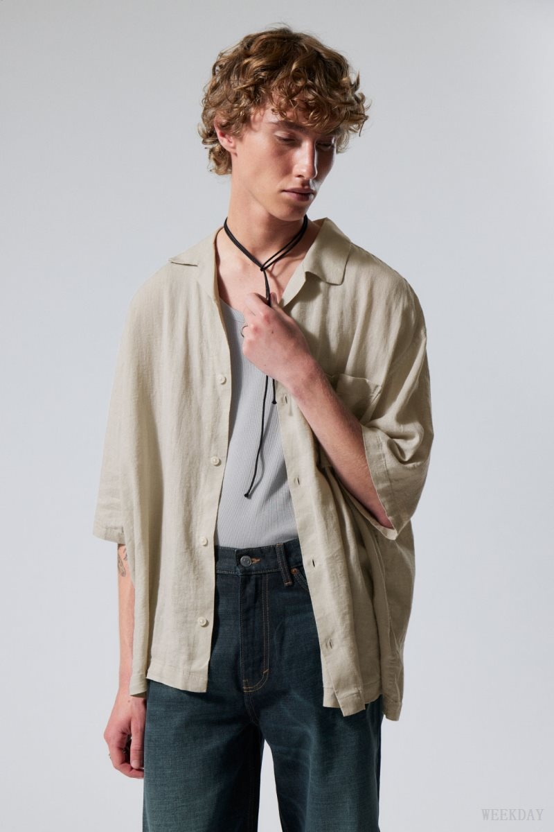 Weekday Oversized Linen Short Sleeve Shirt Ecru | FXIV0972