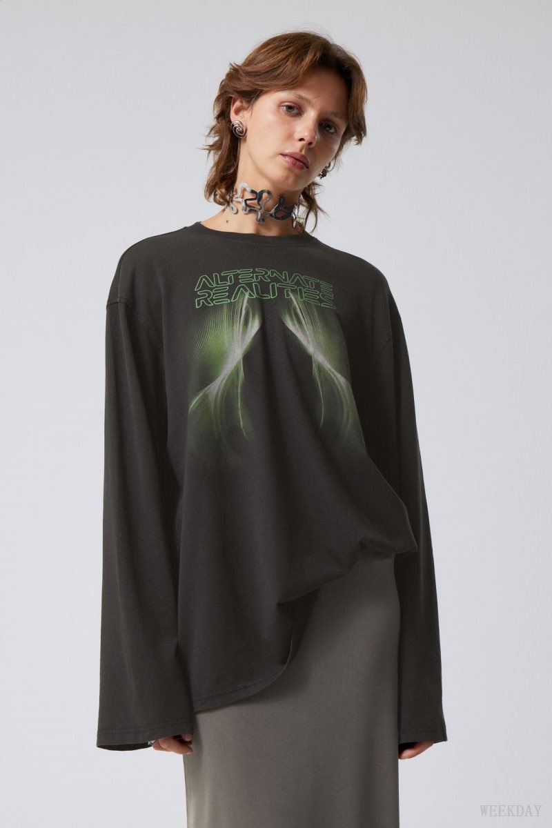 Weekday Oversized Printed Long Sleeve T-shirt Alternate Realitites | XUPO9353