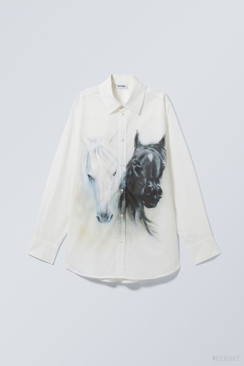 Weekday Oversized Printed Poplin Shirt White / Black | KSDI0322