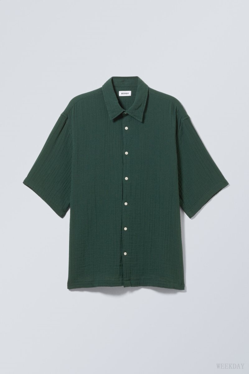 Weekday Oversized Structured Short Sleeve Shirt Dark Green | VTHW5531