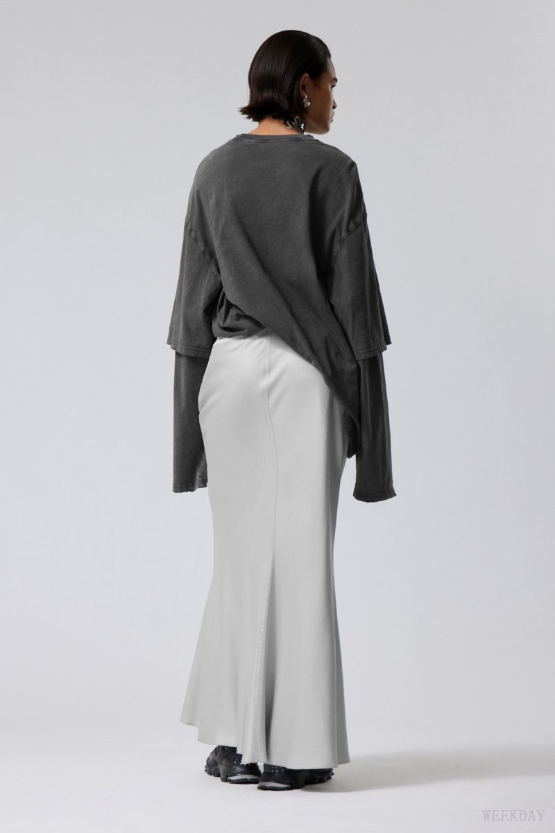 Weekday Paige Satin Long Skirt Light Grey | KBGE5027