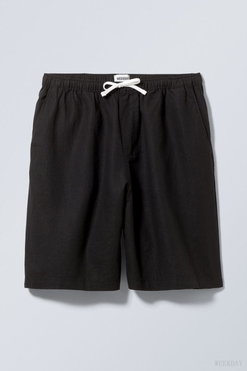 Weekday Patrik Loose Linen Shorts Black | DJZJ7507