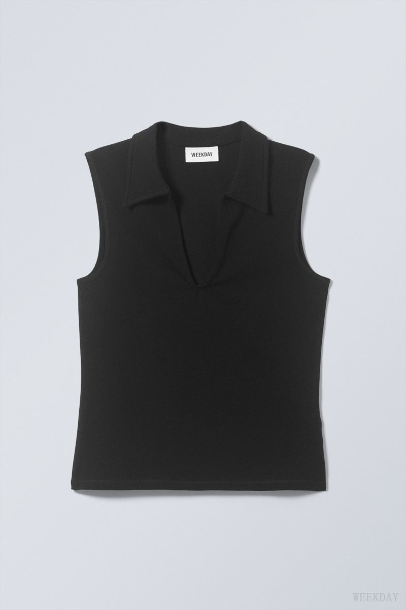 Weekday Phoebe Polo Top Black | BDMB7006