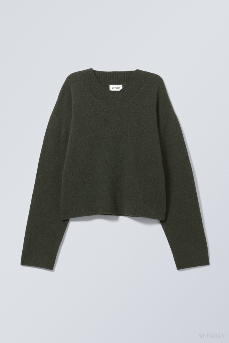 Weekday Reese V-neck Wool Sweater Dark Green | CMSN9137