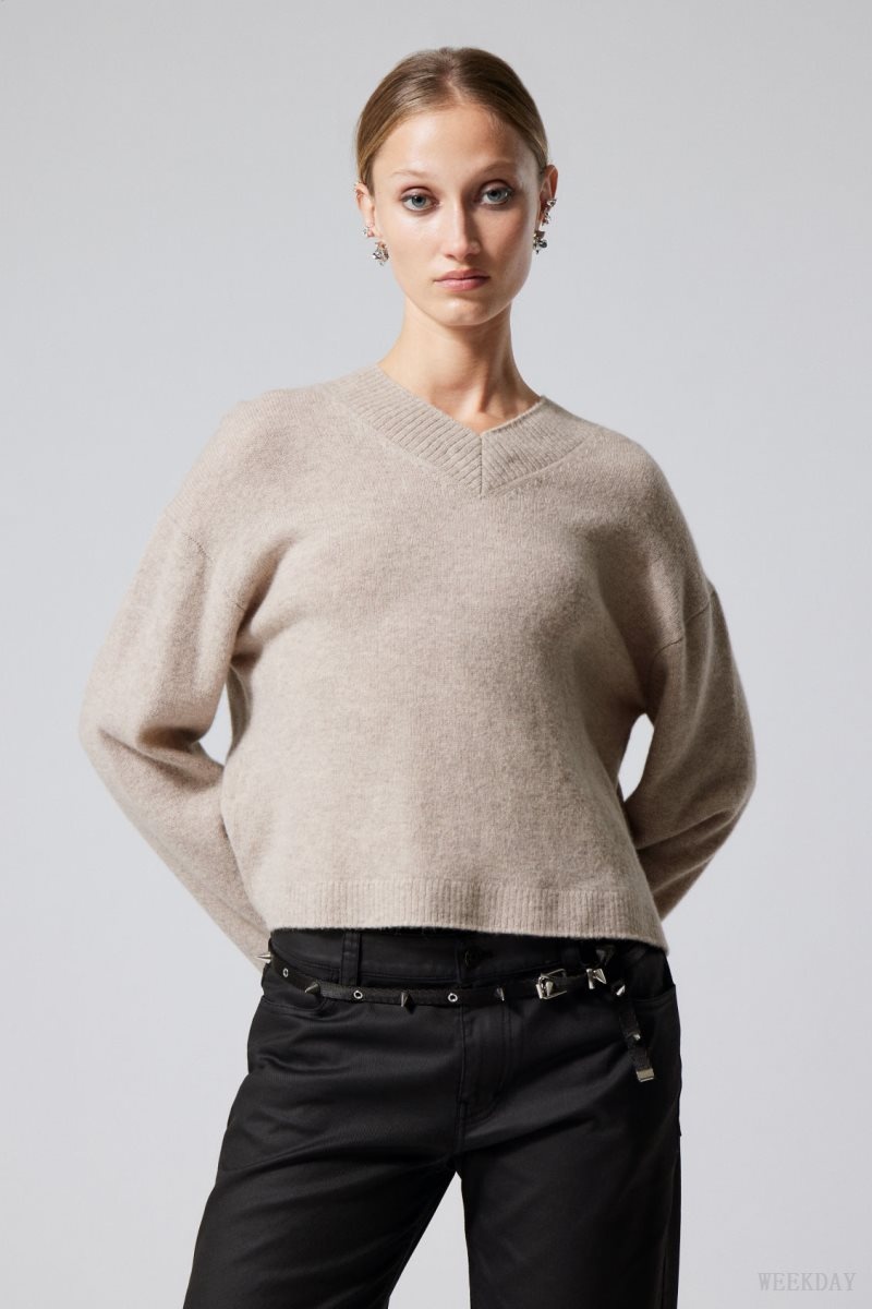 Weekday Reese V-neck Wool Sweater Light Mole | POFX5929