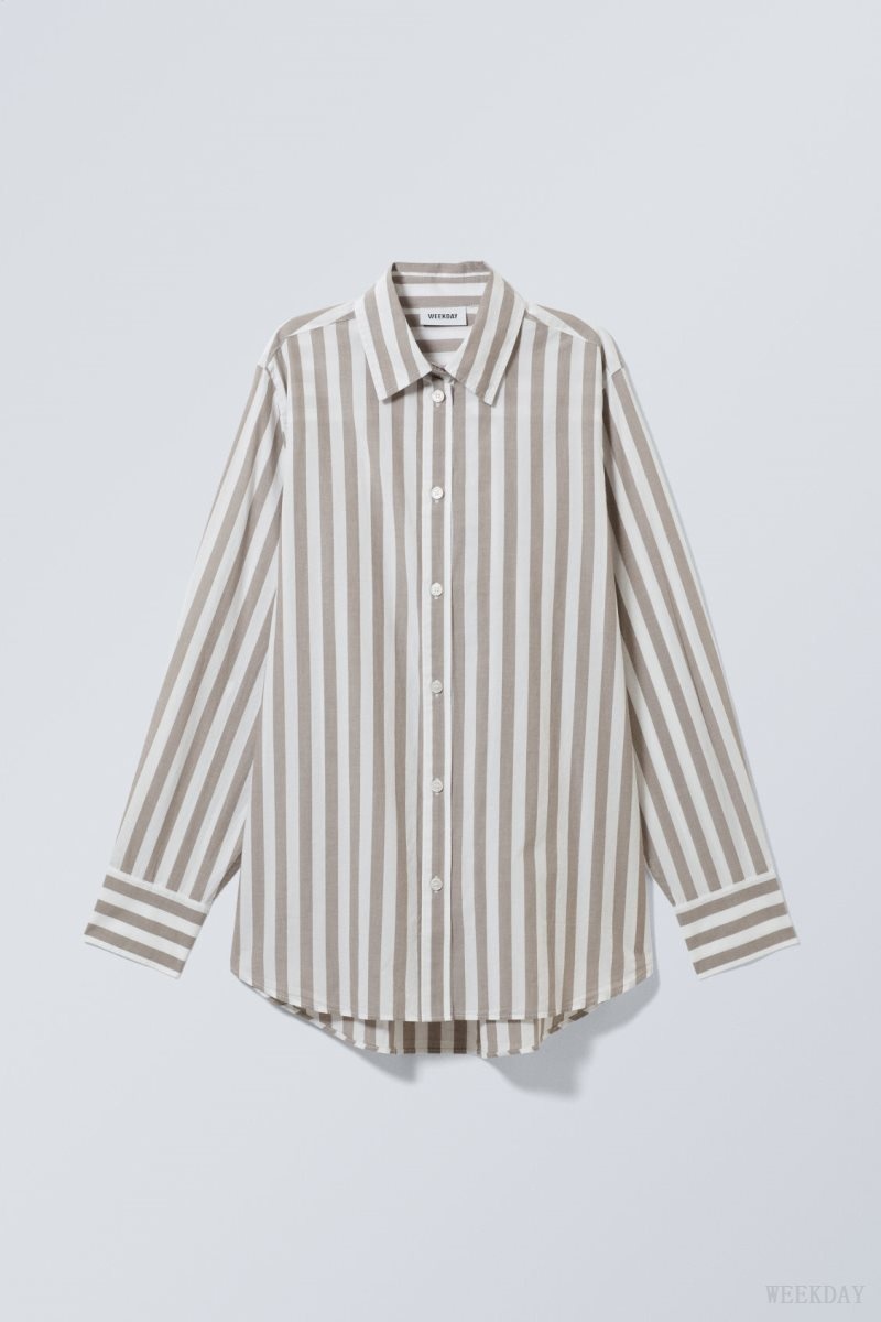 Weekday Regular Cotton Voile Shirt Beige Stripes | LFCV1290