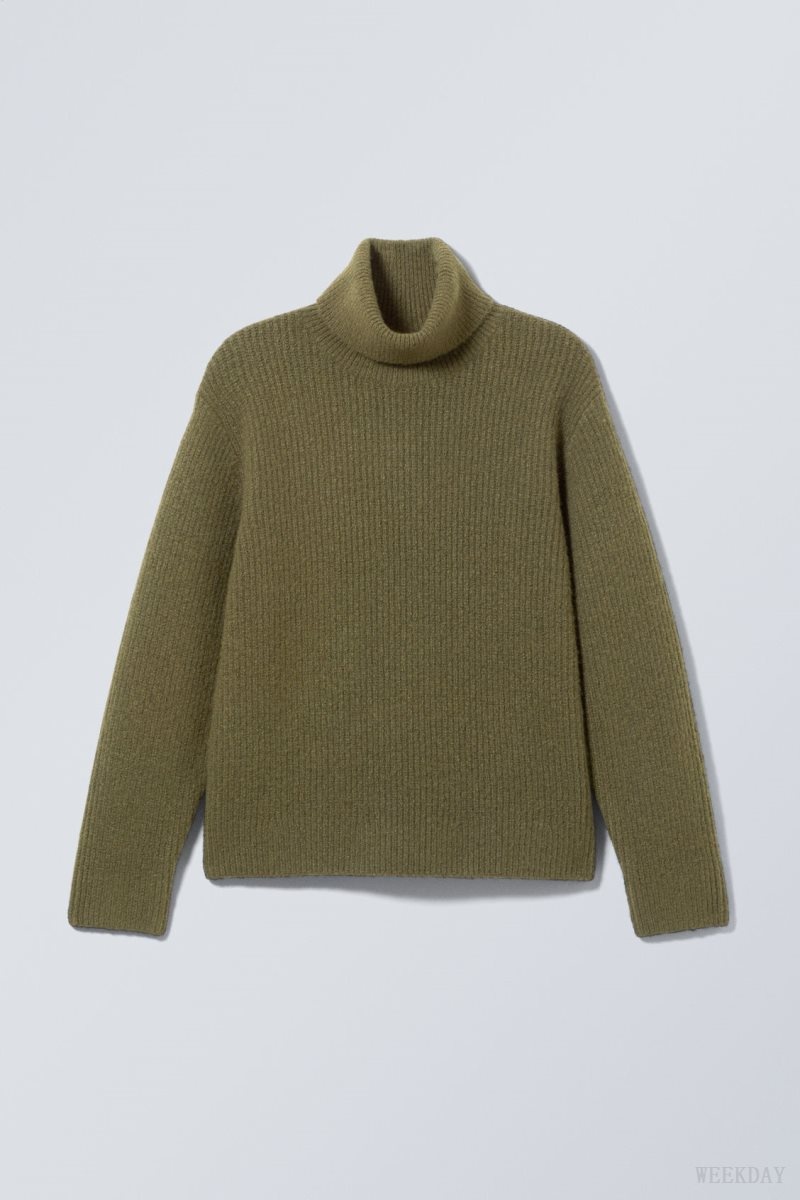 Weekday Renzo Relaxed Wool Blend Turtleneck Khaki Green | QLXN5264