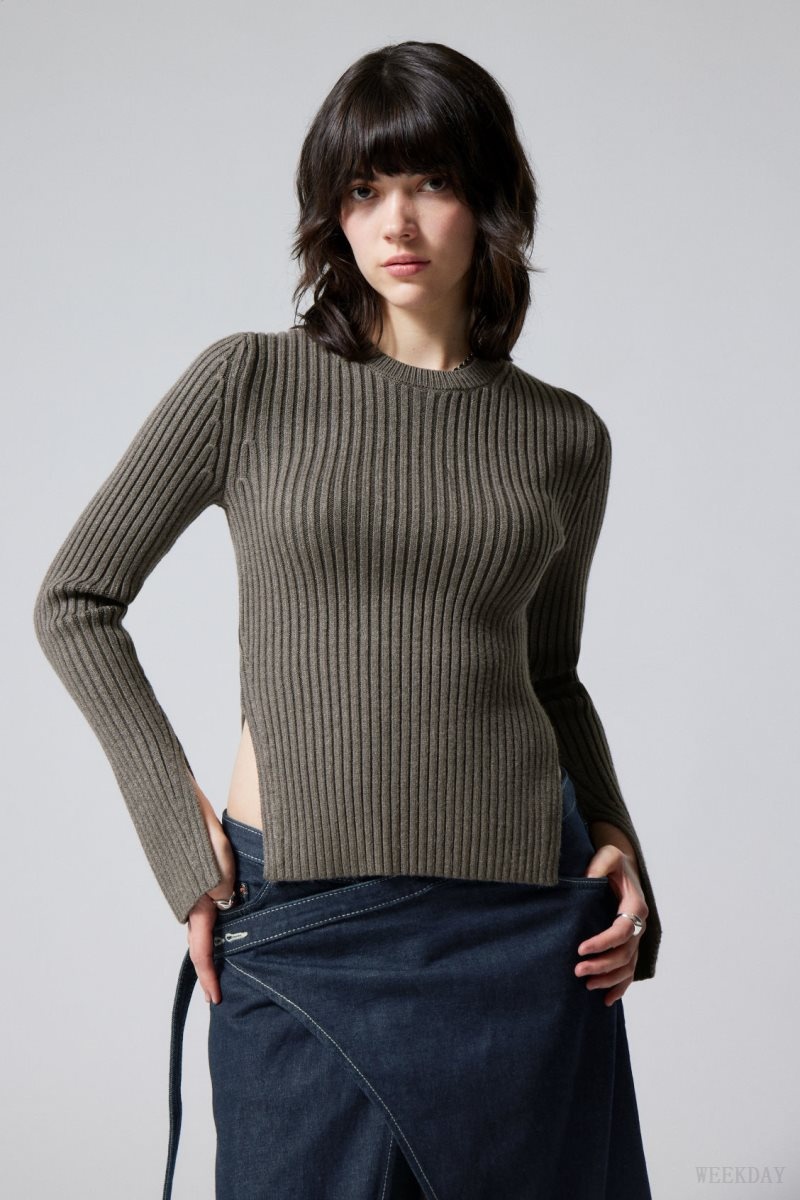 Weekday Rora Rib Sweater Dark Mole | ZSGJ3612